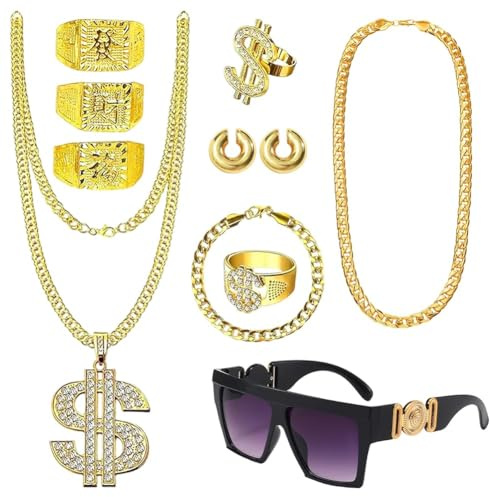 OPVXZAD Hip Hop Kostüm Set Herren, 80er 90er Jahre Rapper Accessoires mit Geldkette, Sonnenbrille, Mütze & aufblasbarem Ghettoblaster Hip Hop Faschingsaccessoires für Mottoparty