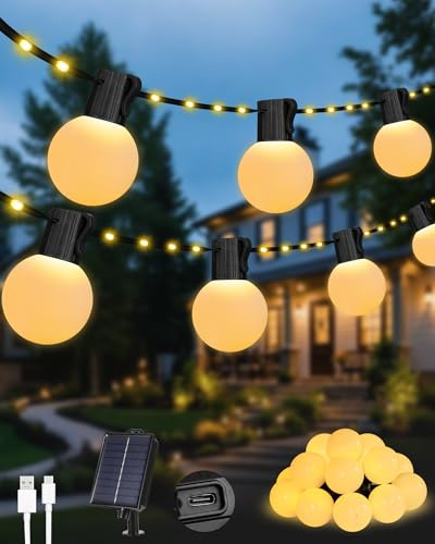 Solar Lichterkette Auseen,10M 100 LEDs Solarbetriebene Lichterkette Außen mit 20 G40-Glühbirnen, 8 Leuchtmodi Wasserdicht USB/Solar-Lichterkette Outdoor für Zaun- und Camping Dekoration (Warmweiß)