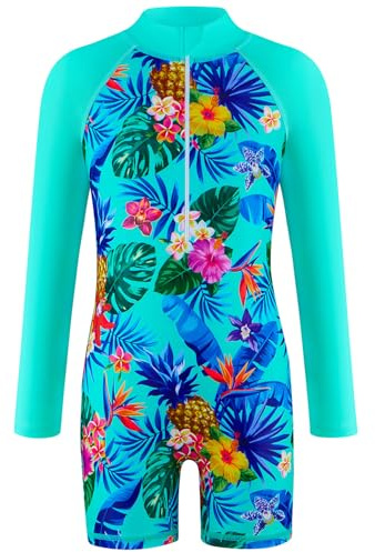 WYTbaby Traje de baño para niña de una sola pieza, manga larga, antiUV, estampado de tela de sirena, ropa de baño para niños, calzoncillos tipo bóxer para niñas de 4 a 9 años, 8-9 años