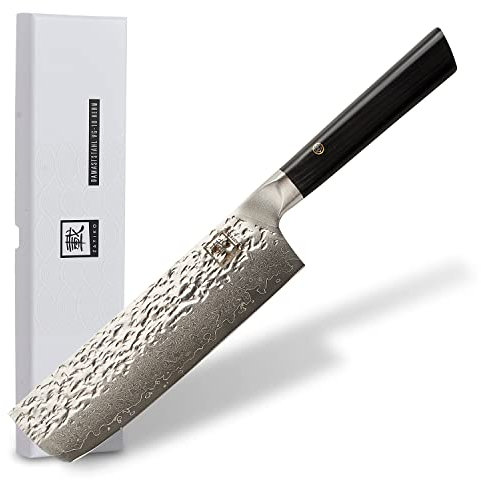 zayiko Kuro Damastmesser Nakiri Messer 18 cm Klinge I aus 67 Lagen I Damast Küchenmesser und Profi Kochmesser aus echtem Damaststahl mit Hammerschlag und Pakkaholz Griff