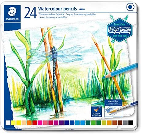 STAEDTLER 14610C M24 wasservermalbarer Buntstift (klassisches Sechskantformat, für Aquarelleffekte auf Aquarellpapier, auch für klassische Trockentechniken) Metalletui mit 24 leuchtenden Farben