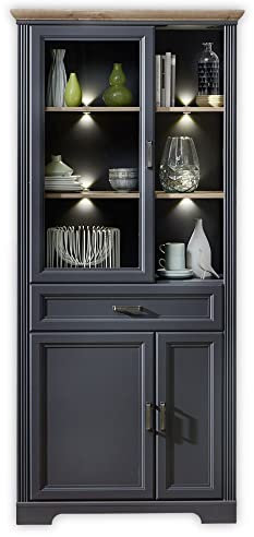 Stella Trading JASMIN Große Vitrine in Artisan Eiche Optik, Graphit - Vitrinenschrank mit LED-Beleuchtung und viel Stauraum im Landhausstil - 93 x 204 x 42 cm (B/H/T)