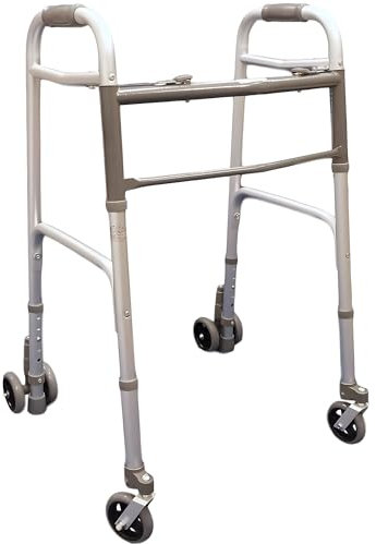 Deambulatore pieghevole, regolabile in altezza con 2 ruote piroettanti e 2 gemellate con sistema di frenata a pressione