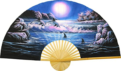 Oriental-Decor Faltbarer Wandventilator mit nautischem Dekor, handbemalt, Strandmotiv (152,4 cm breit, frolicking delfins)