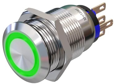 Metzler - Druckschalter 19mm - LED Ringbeleuchtung Grün - IP67 IK10 - Edelstahl - Flach - Lötkontakte
