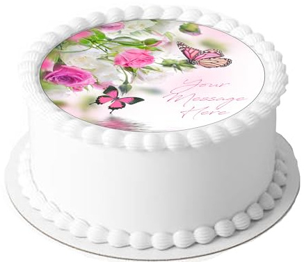A4 Edible Decor Icing Sheet PERSONALISED PINK ROSE & BUTTERFLY Flower Ribbon 7-8 Circle Cake Topper Decoration - Great for larger cakes