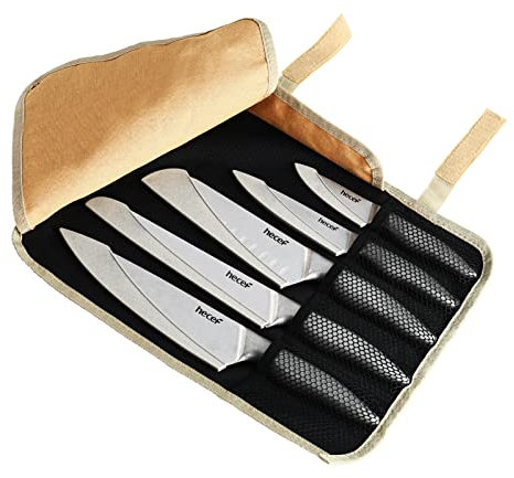 hecef Coltelli da Cucina Professionali 5 Pezzi in Acciaio Inox con Borsa Portatile/Rotolo Cuoco e Coprilama – Set Coltello Chef Multiuso, Lama Affilata, Facile da Trasportare