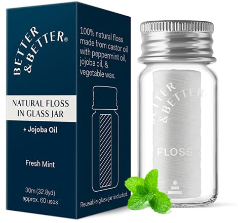 Better & Better Natural Floss in Refillable Glass Jar | Waxed & Zero Plastic Oral Care - 100% Plant-Based, Vegan, Eco and Non Toxic Dental Floss, 1 Spool