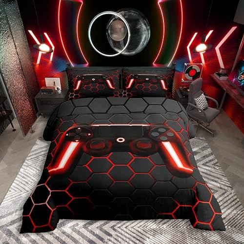 Gamer Bettwäsche Sets für Jungen,Gaming Bettbezug Set 135x200,Jungen Videospiel Trösterbezug,Geometrisches Wabenbett Set für Teenager Kinderzimmer,Gamepad Controller,2 Stücke mit 1 Kissenbezug