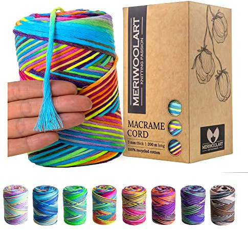 MeriWoolArt Corda Macramè 3mm 200m - Fil di Cotone Colorato - Spago Macrame di Corda Singola - Filato Morbido Macramè Cotone Riciclato Oeko-Tex - Fai da te Macramè Arredamento per Casa Boho
