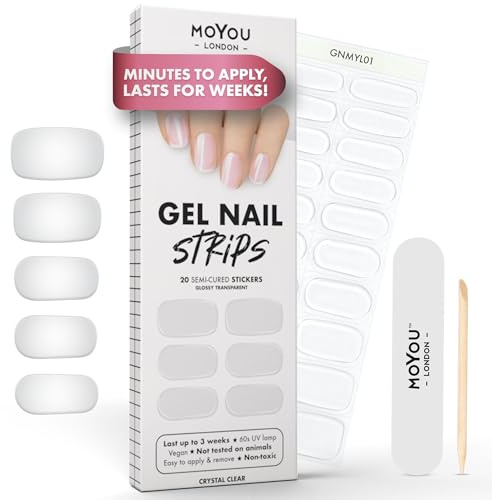 MOYOU LONDON Semi Cured Gel Nail Strips Clear - 20 Pcs. Waterproof Gel Nail Wraps, Cures in Sunlight or UV/LED Lamp, Lasts Up to 2+ Weeks, Stretchable, Easy to Apply & Remove, Vegan & Cruelty-Free
