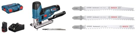 Bosch Professional 12V Stichsäge GST 12V-70 (inkl. Akkus und Ladegerät, in L-BOXX) + 3x Stichsägeblatt Set Expert ‘Hardwood 2-Side Clean‘ (Küchenarbeits-, Kunststoffbeschichtete Platten, L 117 mm)