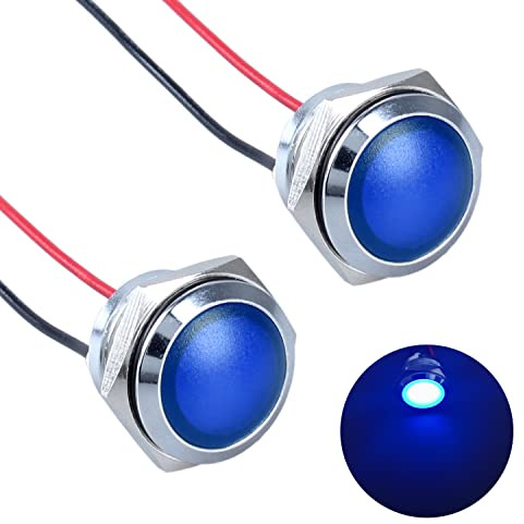 DMWD 2Pcs 16mm 12V-24V 20mA Metal Energy Saving LED Indicator Light Spherical Round Signal Lamp 0.47 Mounting Hole Waterproof with 15cm/5.91in. Wire for Car Truck Boat Blue LED