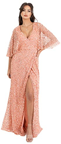 Maya Deluxe Damen Womens Maxi Dress Ladies Sequin Embellished Wrap A-Line Dress for Wedding Guest Bridesmaid Evening Prom Ball Occasion Kleid, Apricot Blush,