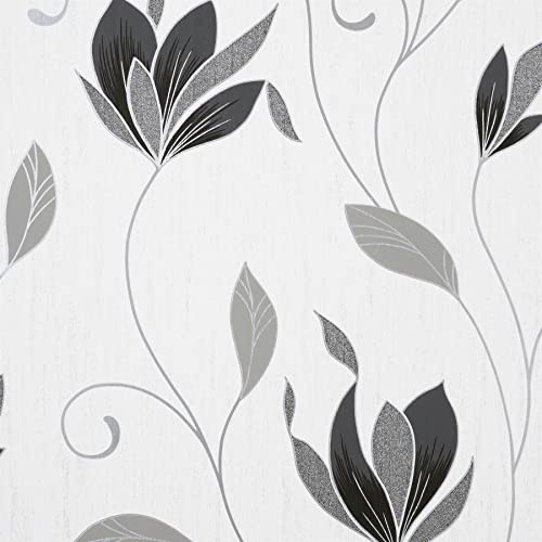 Synergy Floral Black White Luxury Vinyl Wallpaper - Textured Modern Contemporary Glitter Feature Wall