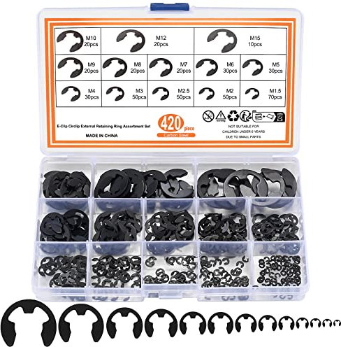 420 Pcs E-Clips, Circlips, External Retaining Ring Snap Opening Ring Circlip Kit, Stainless Steel E Clips Assortment Kits - 13 Sizes, M1.5/M2/M2.5/M3/M4/M5/M6/M7/M8/M9/M10/M12/M15