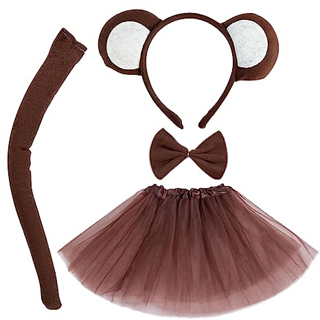 MIVAIUN 4 Pezzi Scimmia Fantasia Costume Animale Costume Set Coda Papillon Fascia Tutu Gonna Set per Adulti Bambini Vestire Halloween Stage Performance Carnevale Cosplay Party(Marrone)