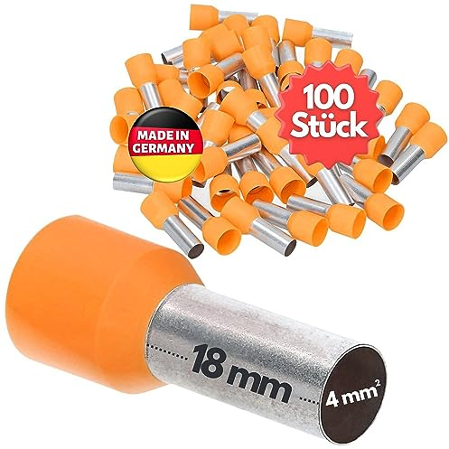 Kalitec AE418OR - 100 Terminali Isolati, 4,0 mm², 18 mm, Arancione | Manicotti per cavi AWG 12 in rame stagnato certificati UL, ideali per crimpatura industriale, motori e quadri elettrici