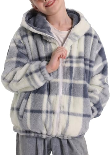 SEAUR Chaqueta de peluche para niña, mullida, forro polar, sudadera con capucha, para niños, de peluche, supersuave, con estampado de animales, 130/150, Patrón de cuadros, 150 cm