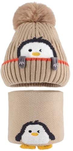 MASOCIO Vintermössa baby pojke flicka mössa halsduk set med tofs varm stickad mössa 1–3 år, Khaki (mössa + sjal), 1-3 År
