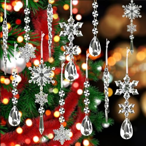 Jogoico 10pcs Christmas Tree Ornaments Acrylic Crystal Hanging Pendant, Acrylic Snowflakes Icicles Clear Teardrops Curtain Prism Decorations for Xmas Tree Winter Wedding Party