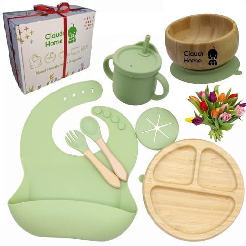 Kindergeschirr-Set aus Bambus, Jungen Mädchen Kinder Baby Teller Schale mit Saugnapf, Geschirrset Antirutsch Babygeschirr Essen, Gabel Löffel Lätzchen Tasse Silikon Deckel und Strohhalm (Grün)