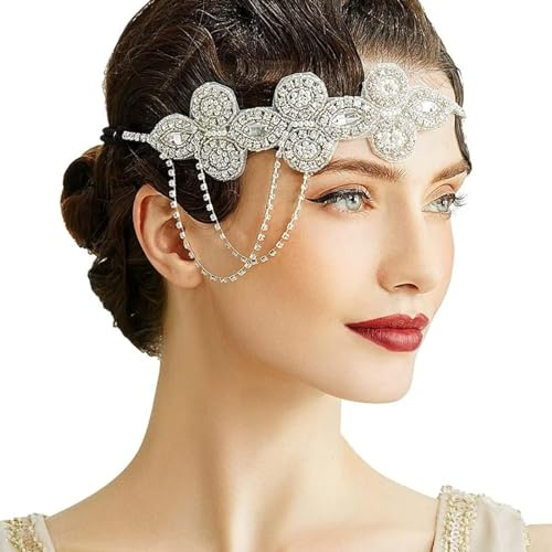 RUNRAYAY 1920er Jahre Blende Kopf mit Kristall Erstaunliche Gatsby Kopfbedeckung Vintage 20er Jahre Blende Gatsby Frau Zubehör (weiß)