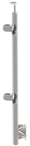Sellon24® Edelstahl Pfosten Ø42,4 Ecke IN Glas Bauhöhe 1000 mm mit 4 x Glashalter 63x45 mm 90 Grad Geländer V2A Geländer Balkon seitlich Pfostenrohr Rundrohr Terrasse vorgesetzt Trägerplatte