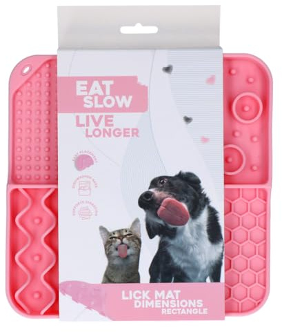 Eat Slow Live Longer Leckmatte - 21 x 21 cm - Quadratisch - Schnüffelmatte - Anti-Schnüffelmatte - Langsam Füttern Tablett - 100% Silikon - Leckmatte für Hunde - Spülmaschinenfest - Tablett - Rosa