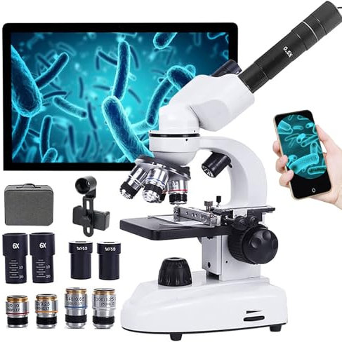 Ultra-HD DatorskäRm BinokuläRt Mikroskop, Elektroniska Okular + MobiltelefonhåLlare, 4 Objektiv HåL Undervisningsversion, Med LaboratorietillbehöR/Objektiv/Okularset,18000X