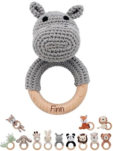 wunderwunsch® - Personalisierter Beißring Baby - Niedlicher Greifling für Baby's ab 0 Monate - Babyrassel mit Name als Baby Geschenk für Mädchen und Jungen (Nilpferd,ohne Name)