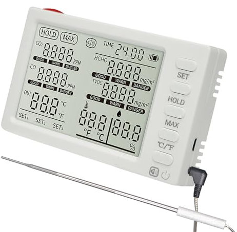 8 in 1 Indoor Air Quality Monitor with External Temp Probe, Kethvoz Gas Detector Meter Measure CO2/CO/HCHO/TVOC/Temperature/Humidity for Home Kitchen Office School