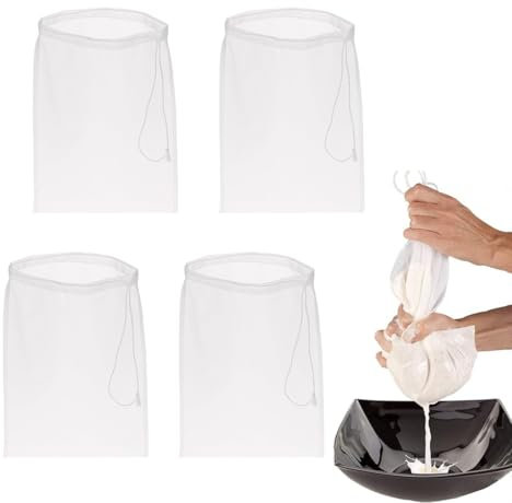Lot de 4 sacs à lait de noix - En tissu à mailles fines - Réutilisables - Avec cordon de serrage - En nylon et coton - Pour fromage, jus de fruits, café, jus de légumes cheesecloth (20 × 30 cm)