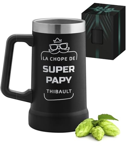 Maverton Mug Isotherme Personnalisable Noir 700 ml, Verre a Biere en Inox | Mug Isotherme avec Anse, pour Boissons Chaudes et Froides, Cadeau Personnalisé pour papy, cadeau grand pere Chope de papy