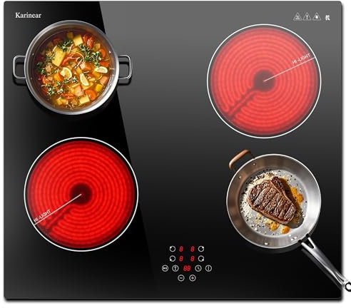 Karinear Piano Cottura Vetroceramica 4 Fuochi, 60cm Piastra Elettrico 6000W, Piani Cottura con 9 Power Comandi Toccare, Blocco di Sicurezza, Timer, Pausa, Nero