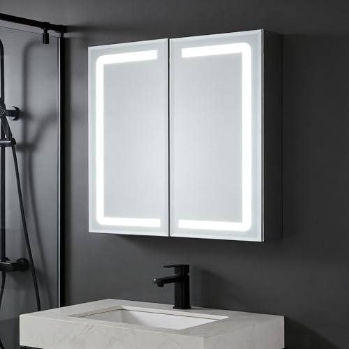 LOMIKEN LED-spegelskåp för badrum med uttag, 65 x 65 x 13 cm, spegelskåp med LED, 3 färgtemperaturer, imskydd, spegelskåp för badrum med hyllor, dubbeldörr, smart