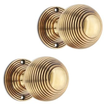 Infinity Decor Pair of Beehive Reeded Rim Mortice Door Knobs in Aged Brass Finish – 60mm Round Pull Handles Set for Internal and External Doors
