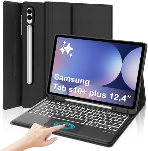 Clavier Samsung Galaxy Tab S10/S9FE/S10 Plus 12.4 avec Pavé Tactile, Français AZERTY, Coque Clavier Touchpad Rétroéclairé 7 Couleurs Détachable Bluetooth pour Samsung Tab S10 +12.4 Pouces 2024, Noir
