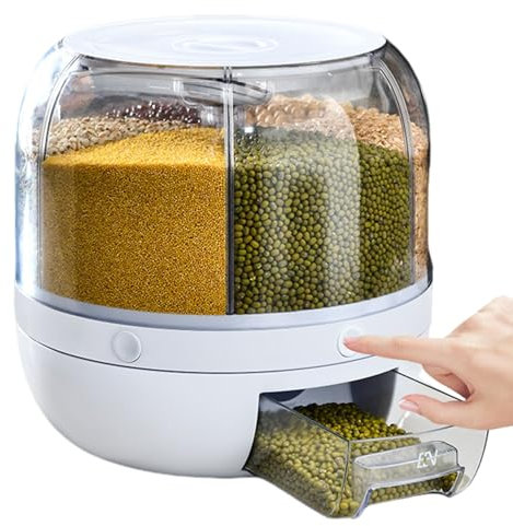 Veesper Distributore di lenticchie, contenitori di stoccaggio della cucina a grana di grande capacità 6 griglie a 360 ° distributore di riso cereali rotabili con coperchio per fagioli bianchi bianchi