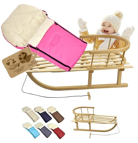 Luge en bois avec dossier et corde de traction + chancelière d'hiver universelle (90 cm), convient également pour nacelle, poussette, buggy, en laine unie (rose)