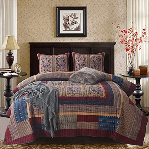 Bomull Quiltat Överkast King Size 3 Delar Mörkbrun Vintage Style Vändbar Patchwork Quilt Filt Lakan Vintage Röd Tryckt Sängkläder Set, 230X250Cm