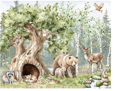 Fototapete Kinderzimmer, Wald, Waldtiere Bäume, Fluss, Bär, Berge, Reh, Kiefer, Tapeten für Kinder Babyzimmer Vlies Tapeten wandtapete Mädchen und Jungen. Tapete nach Maß 1m2
