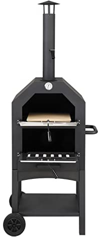 Outdoor Pizza Oven,Charcoal BBQ Grill,Wood Fired Pizza Maker with Chimney & Cover,Pizza Peel and Stone,Mesh Shelf, Thermometer Handles, Wheels Garden Party Gathering Stainless Steel Cooker for Camping