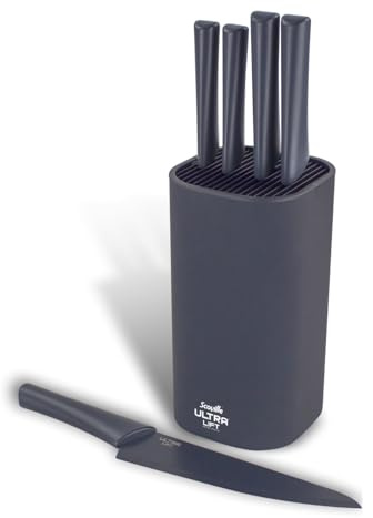 Scoville Ultra Lift 5 Piece Kitchen Knife Block Set, Non-Stick Stainless Steel Blades, 5 Types of Kitchen Knives, Ergonomic Handles, Universal Knife Block, PFOA-Free, Easy to Sharpen & Clean, Grey