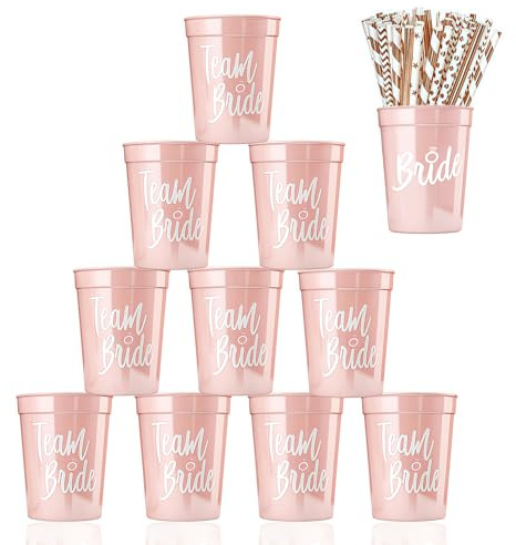 12 Stück JGA Becher, Braut und Team Braut Tassen aus Kunststoff, Wiederverwendbar Bachelorette Party Cup für Bridal Shower Verlobungsfeier Junggesellenabschied mit Strohhalmen