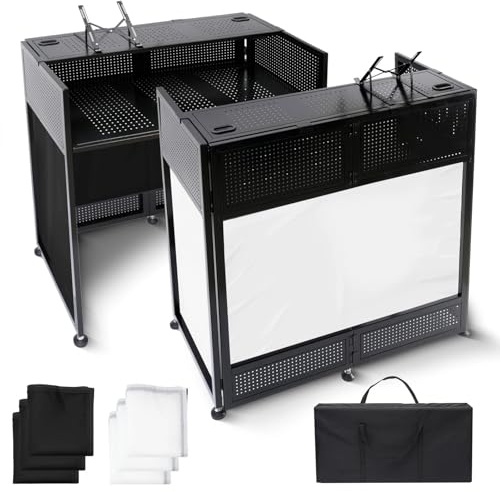 Portable DJ Booth Table, 41L x 20W DJ Table Stand Portable Booth Double Deck, Adjustable DJ Facade Station with White & Black Scrim, Foldable Metal Frame DJ Booth Panel for Parties, Wedding, Bars