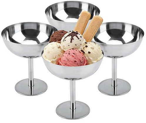 YuLiMirich 4er Set Edelstahl Eisbecher - Ø 10cm - 200ml Vintage Edelstahl Dessertschale, Cocktail Gläser mit Fuß, Ice Cream Sundae Dessertgläser für Obst Salat Joghurt und Fruchtpudding für Partys