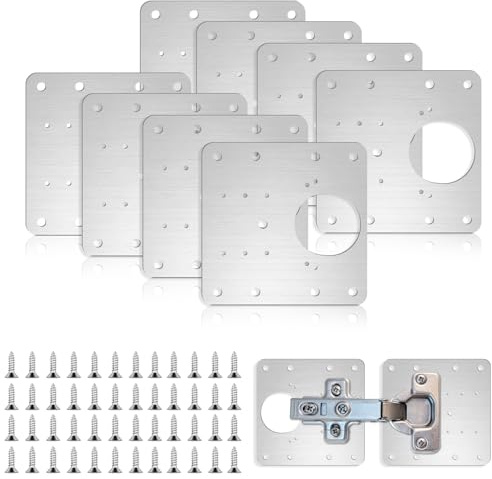 Qcdou Hinge Repair Plate, 8 Pcs Kitchen Door Hinge Repair Plates, Cabinet Hinge Repair Brackets with 48 Screws, Stainless Steel Hinges Repair Plate Kit, for Cupboard, Wardrobe Wood Furniture