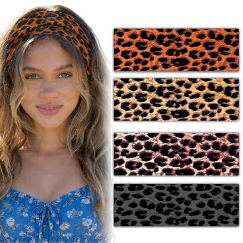Aribliseza Pannband dam, 4 delar, hårband för damer och sport pannband, leopard trendig gepard breda huvudband, halkfri, elastisk för träning, mode hårtillbehör, presentidéer för kvinnor