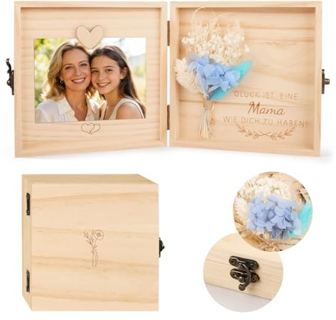TUZELIYA Mama Geschenk - Kreative Holzbox mit Trockenblumen - Geschenke für Mama zum Geburtstag Muttertag - Magnetischer Bilderrahmen für gemeinsames Bild
